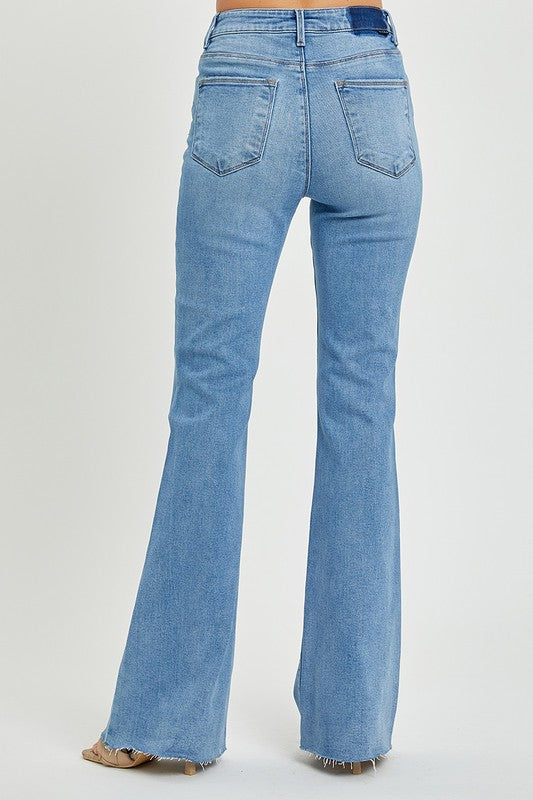 High Rise Raw Hem Flare Jeans