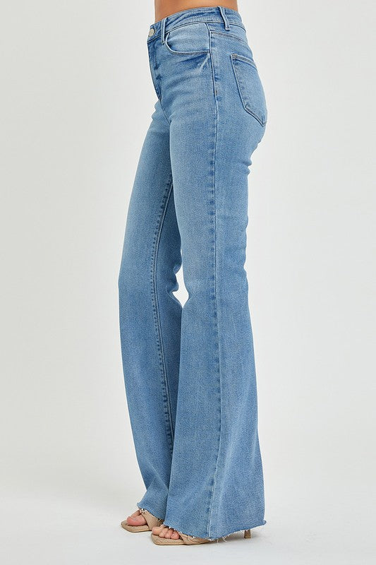 High Rise Raw Hem Flare Jeans