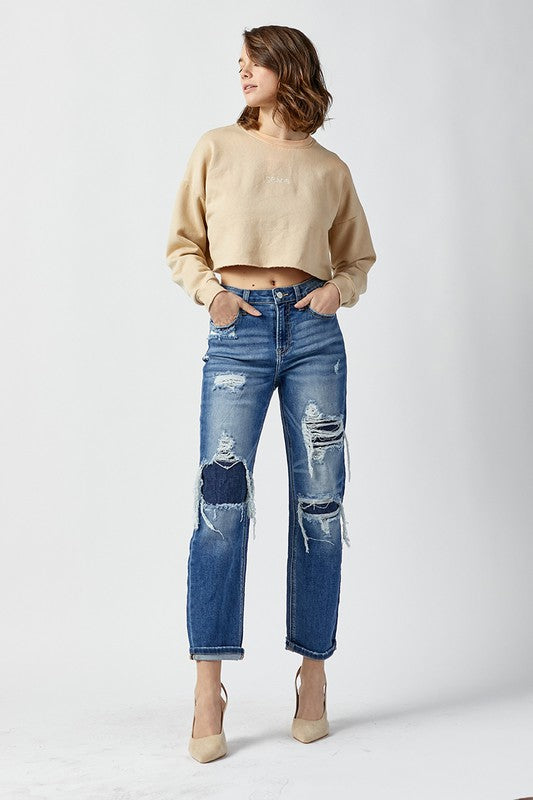 High Rise Crop Patch Jeans