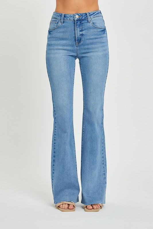 High Rise Raw Hem Flare Jeans - Main Image