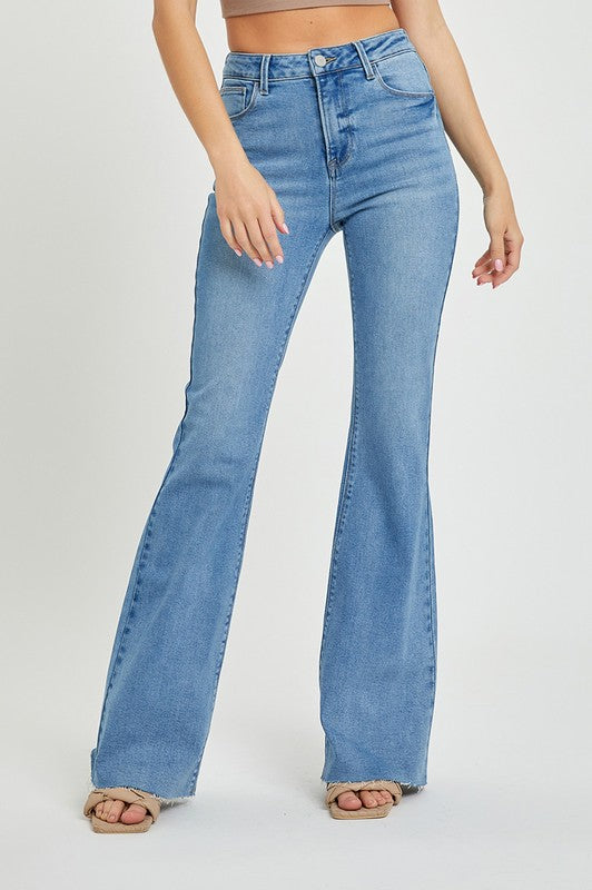 High Rise Raw Hem Flare Jeans