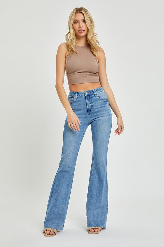 High rise raw hem jeans on sale