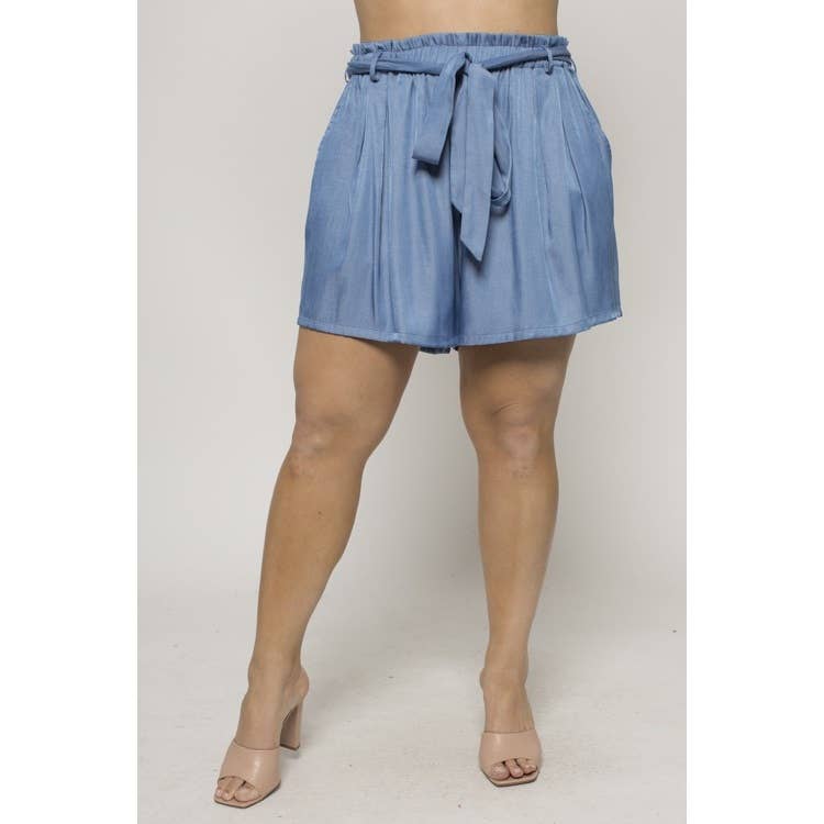 PLUS SIZE CHAMBRAY PAPERBAG WAIST SHORTS – Luxquisite Clothing